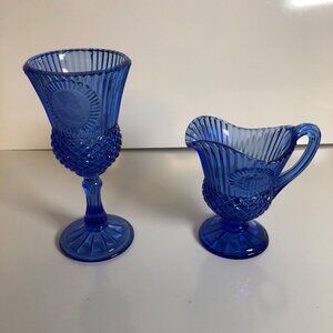 Vintage Avon Fostoria Cobalt Blue Glass Footed Pitcher Creamer and Goblet Set